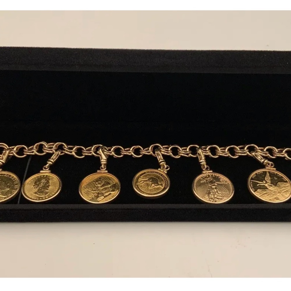 Solid 14 Kt Gold Charm Bracelet With Six Genuine .999 Pure Gold Coins - Picture 2 of 9